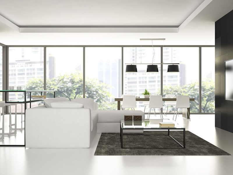 Interior of the modern design  loft  with white floorl 3D rendering