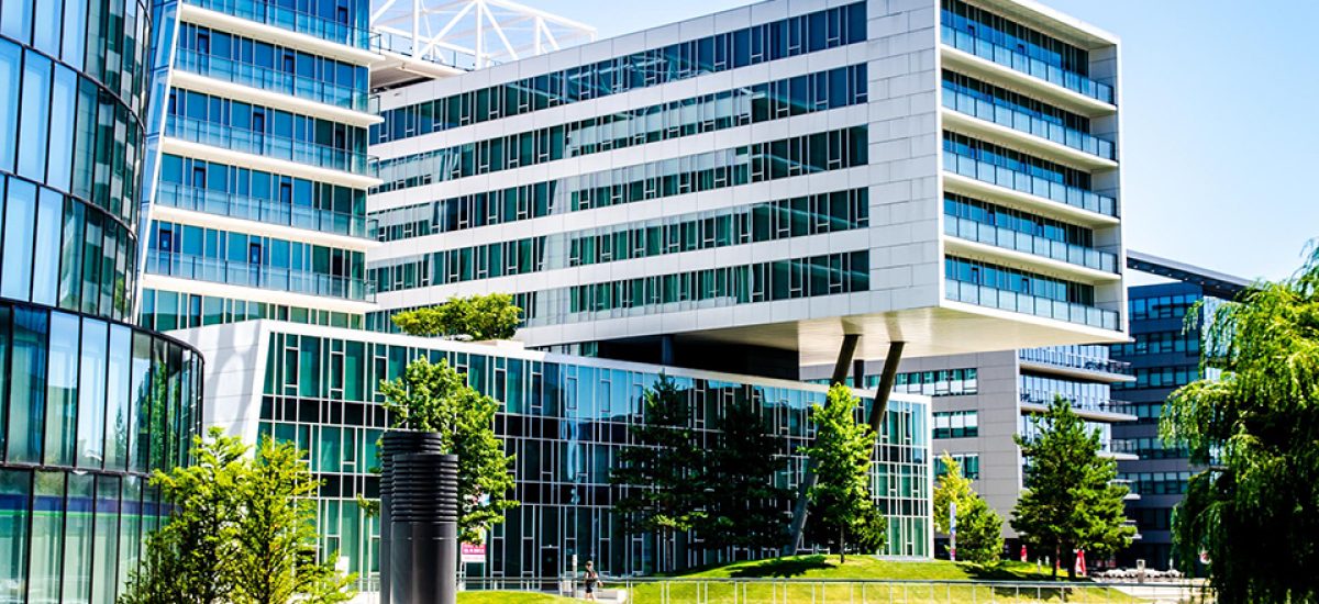 Vienna - Austria - 02.08.2013: View on OMV Company complex in 2nd district campus In Vienna. Lake and modern buildings in summer sun